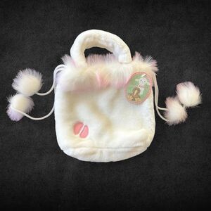 NWT VTG Prokiwi Faux Fur Drawstring Bag w Pom Poms Pink White Winter New Zealand
